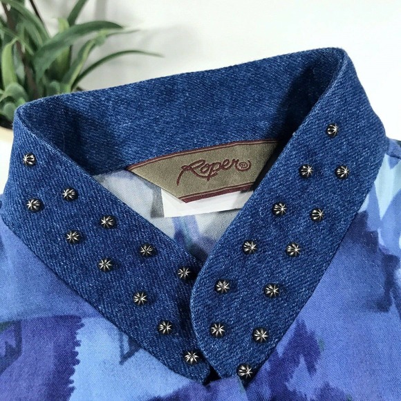 Vtg Roper Western Rodeo Shirt Blue Batik Studded‎ Collar Cropped Women’s Size M - Picture 7 of 9